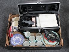 A box containing assorted tea ware, glasses, vintage hoover,