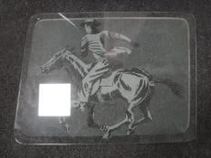 Three glass panels depicting a bull, map of south America,