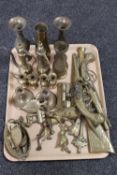 A tray of assorted brass including pistols and rifles, eastern vases and tea pots,