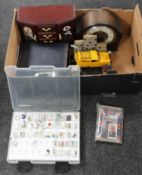 A box containing a collection of china thimbles in case, jewellery boxes,