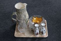 A tray of cut glass, pair of Royal Albert Old Country Roses vases,