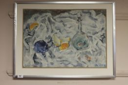 Donald James White : Still life of fruit and a glass decanter, oil on board, dated '65,