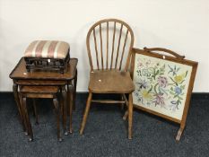 A nest of three mahogany occasional tables, an Edwardian footstool,