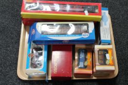 A tray containing boxed die cast rolling stock including Hornby and Bachmann