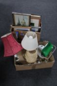 Two boxes containing banker's lamp, table lamp,