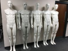 Five male shop mannequins on shop stands (three complete)