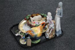 A tray of pottery teapot modelled as a chicken, continental figure, bird ornament,