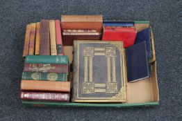 A box of antique leather bound family bible with book plates,