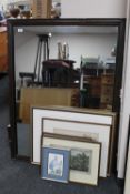A large unframed mirror and eight assorted framed pictures