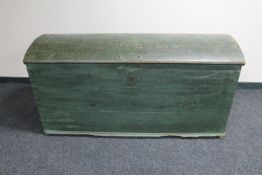 A 19th century hand painted domed topped shipping trunk with cast iron carry handles (locked)
