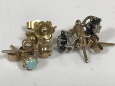 A pair of 9ct gold diamond and sapphire drop earrings, a pair of opal stud earrings, unmarked,