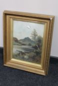 A gilt framed oil on canvas - river, signed M.E.W.