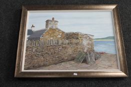 A contemporary framed oil on board - lobster pots by Ann Pickering