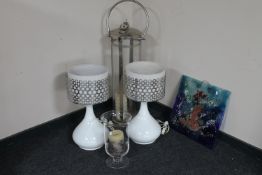 A large stainless steel and glass hurricane lamp by The White Company, glass vase and candle,
