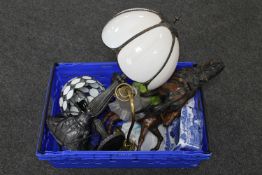 A box of two Tiffany style lamps, two leather horses,