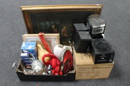 A large gilt framed print and a box of assorted vases, steam iron, picture frames,