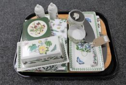 A tray of assorted Portmeirion china including bread board, butter dish with cover,