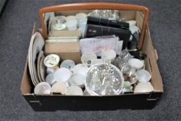 A box containing frameless mirror mounted on teak board, DVD player, assorted china,