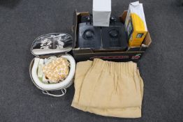Two boxes of curtains, Ronson Escort hair drying set, digital photo frame,