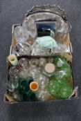 Two boxes of glass ware, plated trays,