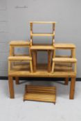 A pine coffee table, two sets of pine stool steps,