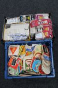 A crate containing a collection of vintage beer mats together with a box containing Premier League
