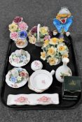 A tray of Murano glass clown, boxed Belleek china basket, Chinese tea cup, pin dishes,