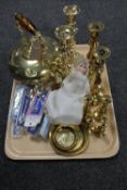 A tray of brass kettle, four pairs of brass candlesticks, crested spoons,
