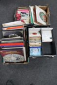 Two boxes and a lidded case containing vinyl LP's, LP box sets and 45's including easy listening,