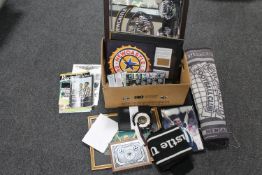 A box of Newcastle United picture mirrors, Newcastle Brown Ale wall clock,