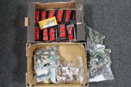 Two boxes of Alfa Romeo die cast vehicles on plastic stands, assorted plastic soldiers,