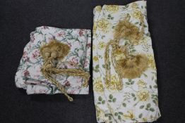 Two pairs of floral lined curtains with tie backs (126