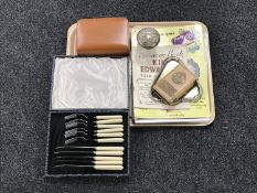 A tray of stainless steel cutlery, dressing table pot and plated tray, money box,