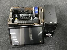 An HP disc drive together with an advertising display screen and a box containing assorted