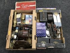 Two boxes of miscellany to include Royal Hampshire figures, tin plate train, Atlas boats,