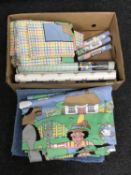 A box containing Crown kid's capers wall paper together with nursery bedding,
