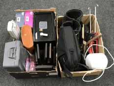 Two boxes of leather cased binoculars, electric safe with key, Samsung TV projector,