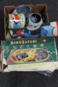 A box of Dinosafari electric train set and a box of Thomas the Tank Engine bedroom accessories