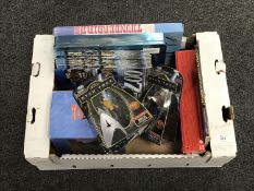 A box containing Star Trek and Thunderbirds toys, boxed Barbie doll,