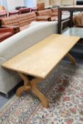 A blond oak coffee table