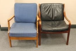 A mid twentieth century teak framed armchair together with a stained beech framed chair