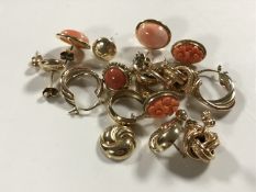 A collection of yellow metal earrings, some indistinctly marked, turquoise pendant etc.