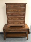 A mahogany flap sided coffee table fitted with two drawers together with a stained beech five