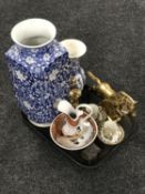A tray of oriental china, brass figure of a horse,