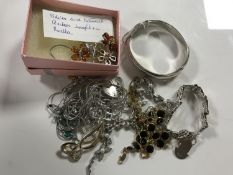 A silver bangle and gate bracelet together with white metal jewellery, costume necklace,