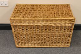 A wicker laundry hamper
