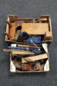 Two boxes of hand tools, wood working planes, record tools plane in wooden box,