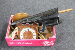 A box containing oak wall clock with pendulum and weights, copper bed warming pan, tapestry hanging,