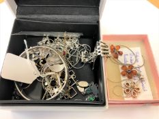 A silver bangle and gate bracelet together with white metal jewellery, costume necklace,