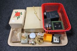 A tray of jewellery boxes, costume jewellery,